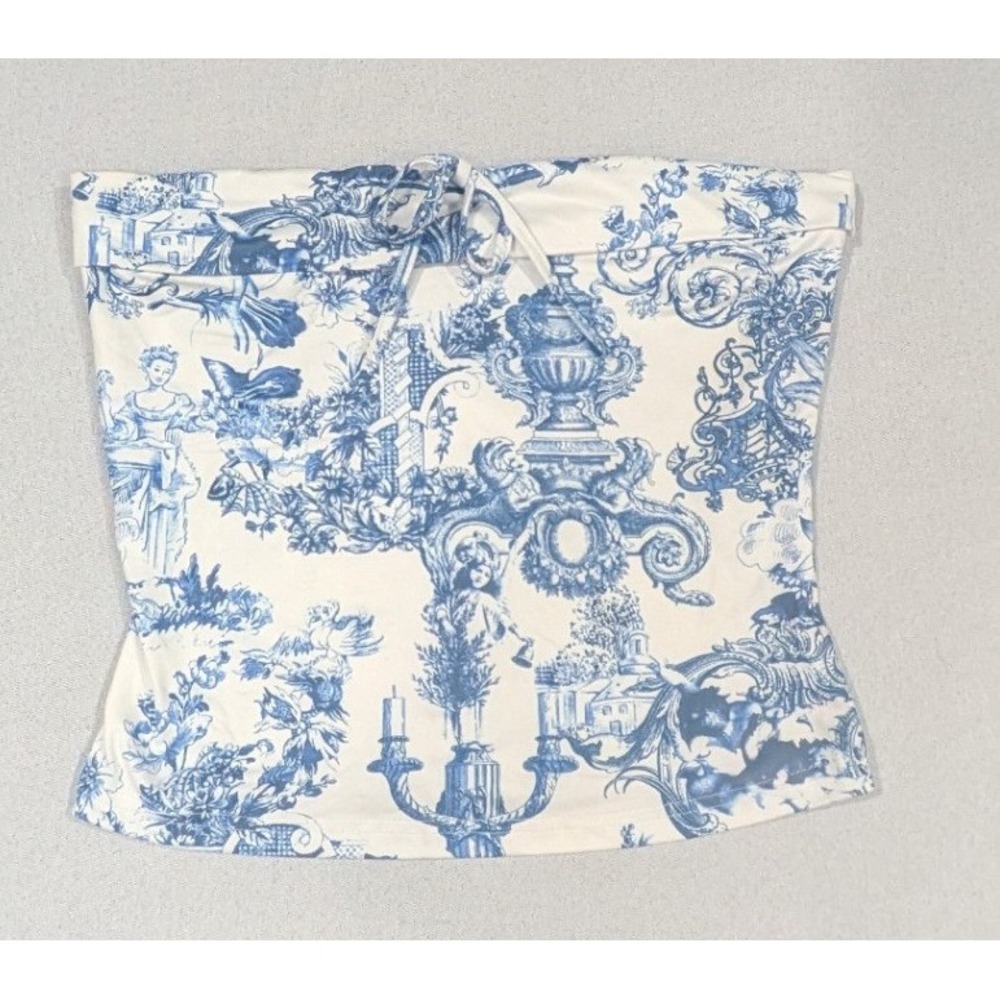 Tube Top Womens S Blue White Toile De Jouy Print Strapless Excellent